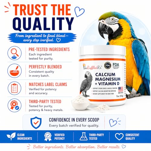 UnRuffledRx™ Bird Calcium Plus with Magnesium and D3, Dissolves Clear and Tasteless in Water, Supports Bone, Muscle, Feather and Egg Health, 45 Servings, Made in FDA-Registered USA Facility
