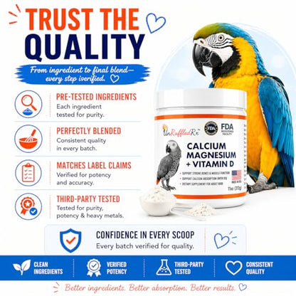 UnRuffledRx™ Bird Calcium Plus with Magnesium and D3, Dissolves Clear and Tasteless in Water, Supports Bone, Muscle, Feather and Egg Health, 45 Servings, Made in FDA-Registered USA Facility
