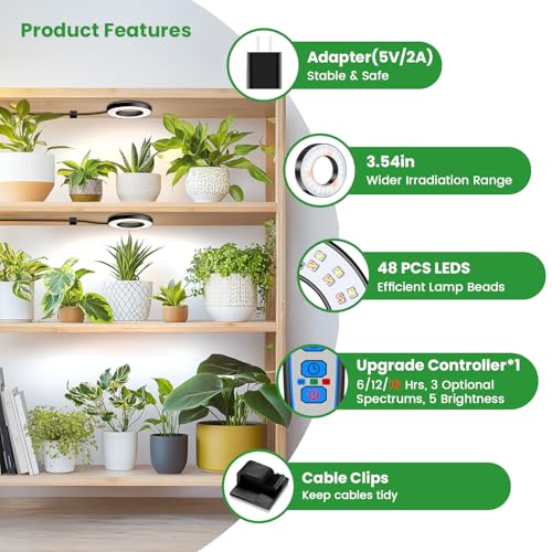 Wiaxulay Grow Lights for Indoor Plants, 48 LEDs Full Spectrum LED Plant Grow Light, Under Cabinet Grow Lamp with Auto Timer 6/12/16 Hrs, 3 Lighting Mode, 5 Brightness Levels, One Head (3.5in) - size: 3.5in-One Head