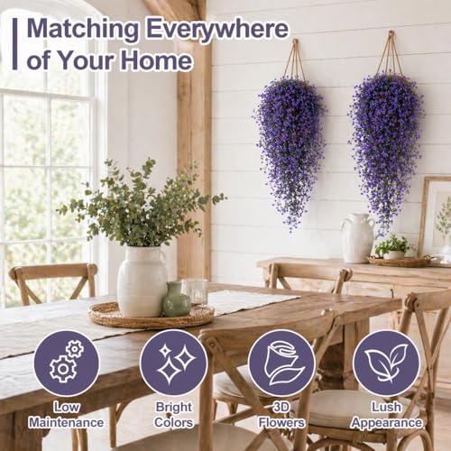 RAINFLOW 2PCS Artificial Hanging Plants Indoor - Vivid Fake Vines with Mini Purple Flowers, Fake Hanging Flowers Ivy Vine for Shelf Wall Living Room Home Garden Patio Balcony Yard Outdoor Decor