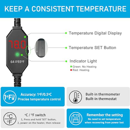 YukiHalu Aquarium Heater 25/50/100/150W with Protective Cover, Mini Fish Tank Heater with External Controller, Temperature Adjustable, Digital Display, Used for 5/10/20/30 Gallons (50W-10Gallon) - size: 50W-10Gallon