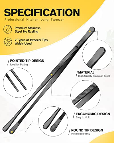 4 Pcs Fine Long Tweezer Tongs Professional Black, 12'' and 10'' Stainless Steel for Kitchen, Food, Cooking, Repairing, Sea food and BBQ - color: Black
