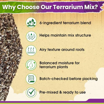 DUSPRO Premium 6in1 Terrarium Soil Mix – Pre-Mixed Terrarium Substrate Mix for Terrariums, Balanced Moisture Growing Medium with Coco Coir, Peat Moss, Pine Bark, Perlite, Pumice & Zeolite 8QRT - size: Terrarium Soil 8 Quarts