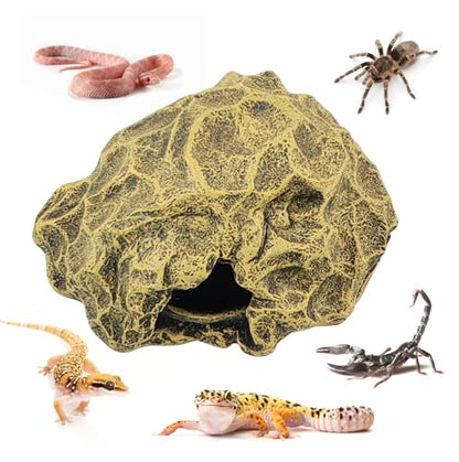 Small Hideout for Reptiles,Reptile Hide Cave Resin Gecko Habitat Decor 2 in 1 Multi-Functional Leopard Gecko Tank Accessories Hideout with Detachable Base as Food Bowl