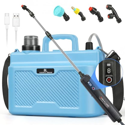 Battery Powered Sprayer 2 Gallons: Features Three-Speed Settings, Battery Indicator, Four Atomizing Nozzles, and an Extendable Spray Wand—Ideal for Backyard Lawn and Garden Tasks