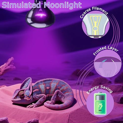 75W Reptile Night Light Bulb, UVA Heat Lamp – Simulated Natural Moonlight Purple Basking Bulb for Bearded Dragon, Lizard, Snake, Turtle, Chameleon, Amphibians, Aquarium & Terrarium Use - color: Purple Moonlight, size: 75W-3.15″
