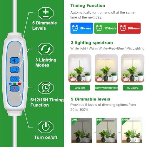 Wiaxulay Grow Lights for Indoor Plants, 78 LEDs Full Spectrum Plant Grow Light, Desk Grow Light with Auto Timer 6/12/16 Hrs, 3 Lighting Modes, 5 Dimmable Levels, Height Adjustable 7.8"-26", 3 Pack - size: 3 Pack(White)