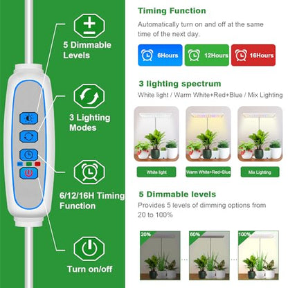 Wiaxulay Grow Lights for Indoor Plants, 78 LEDs Full Spectrum Plant Grow Light, Desk Grow Light with Auto Timer 6/12/16 Hrs, 3 Lighting Modes, 5 Dimmable Levels, Height Adjustable 7.8"-26", 3 Pack - size: 3 Pack(White)