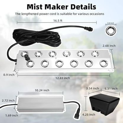 TEPU Mist Maker 12 Head Ultrasonic Pond Fogger, 9000ml/H 400W, ultrasonic fogger with Float IP67 Waterproof Power Supply for Halloween Decoration Rockery Fishtank Landscape