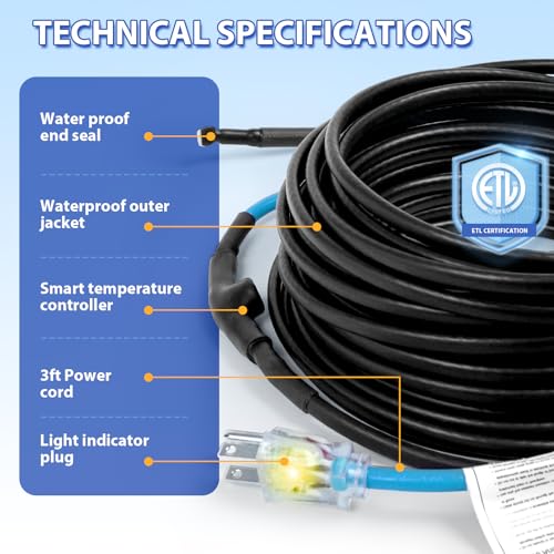 Heat Tape for Water Pipes Self-Regulating Pipe Heat Cable for Pipes, Energy-Saving Pipe Heating Cable Keeps Water Flowing at -40°F 120V 90FT - style: 90-feet