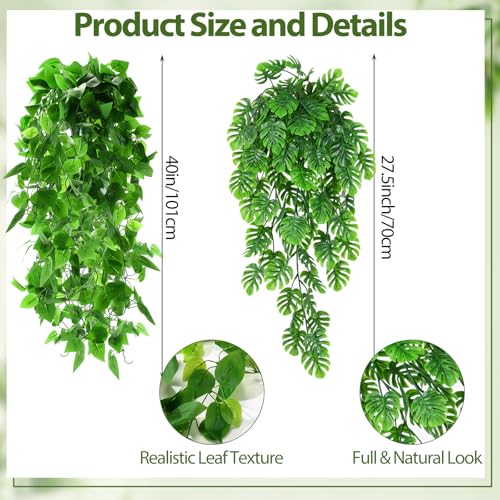 Daifunli 12 Pcs Artificial Hanging Plants Fake Hanging Ferns Plastic Fake Plant for Wall Room Garden Garland Indoor Outdoor Decor No Basket (Monstera Vine,Ivy Vine) - style: Monstera Vine, Ivy Vine