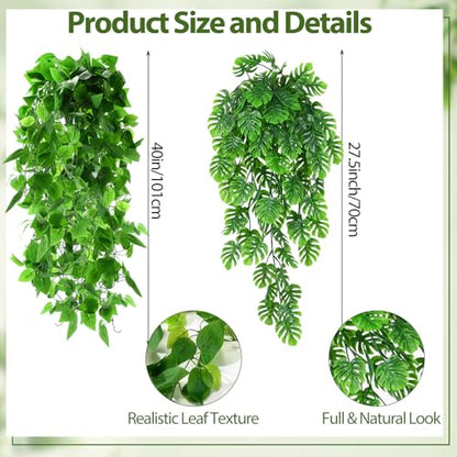 Daifunli 12 Pcs Artificial Hanging Plants Fake Hanging Ferns Plastic Fake Plant for Wall Room Garden Garland Indoor Outdoor Decor No Basket (Monstera Vine,Ivy Vine) - style: Monstera Vine, Ivy Vine