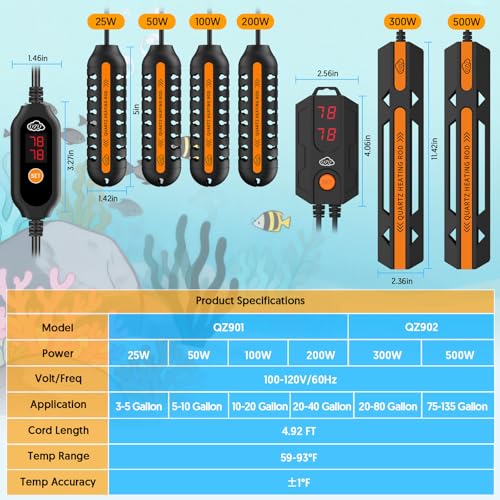 QZQ Aquarium Heater, 50W Adjustable Fish Tank Heater with Digital Display, External Temperature Controller, Submersible Turtle Tank Heater for 5-10 Gallon Tanks - size: 50W