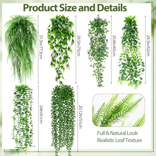Daifunli 12 Pcs Artificial Hanging Plants Fake Hanging Ferns Plastic Fake Plant for Wall Room Garden Garland Indoor Outdoor Decor No Basket (Eucalyptu,Mandala,Boston,String of Pearl,Podocarpu,Pothos) - style: Eucalyptu,Mandala,Boston, String of Pearl, Pod