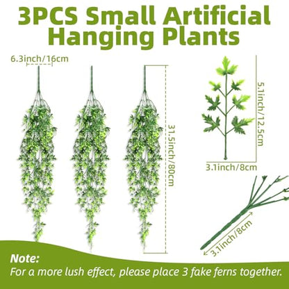 RAINFLOW 3PCS Fake Hanging Plants Lifelike Faux Plants Indoor with 45 Green Leaves, Fake Ferns for Shelf Office Shower Boho Wall Balcony Outdoor Wedding Bedroom Decor (Maple Leaf Fern)