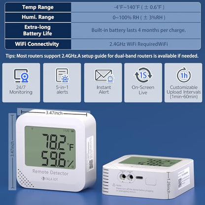Remote WiFi Temperature & Humidity Sensor, No Subscription 24/7 Remote Temp Monitor with Email, Text Alerts, Sound & Light Alarm, Idea for RV, Pet, Greenhouse, Farm, Freezer, Server Room