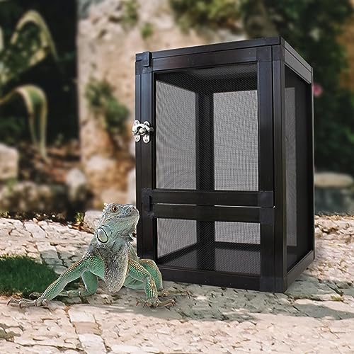 Reptile Breeding Case Mesh Screen Habitat Cage Aluminum Alloy Feeding Box with Front Door Lock Portable Lightweight Container Suitable for, Black