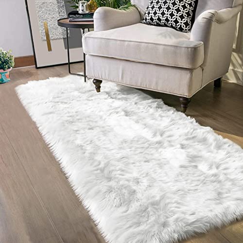Latepis White Shag Rug 2x5 Runner Faux Sheepskin Fur Rug for Bedroom Bedside Fluffy Rug Fuzzy Furry Rugs for Living Room Cute Luxury Home Decor - color: White, size: 2' x 5' (Runner)