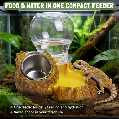 Reptile Food & Water Feeder, Escape Proof Feeding Bowl with Removable Stainless Steel Dish for Mealworms