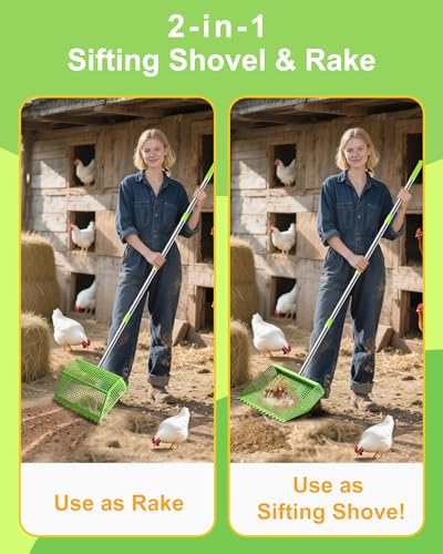 Chicken Poop Scooper & Rake 2-in-1,10 inches Metal Coop Shovel Sand Sifting Shovel with 35" to 62" Adjustable Handle,Cleaning Tools Scoop for Chicken Coops & Farm Animals