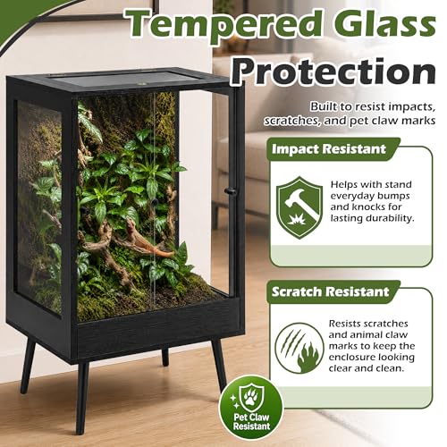 PROLEE 24" x 18" x 36" Tall Reptile Terrarium with Leg Stand, 65 Gallon Vertical Glass Chameleon Cage with Front Opening Doors, Ventilated Mesh Top, Rainforest Habitat for Arboreal Reptiles, Black - size: 24" L x 18" W x 36" H, 65 Gallon