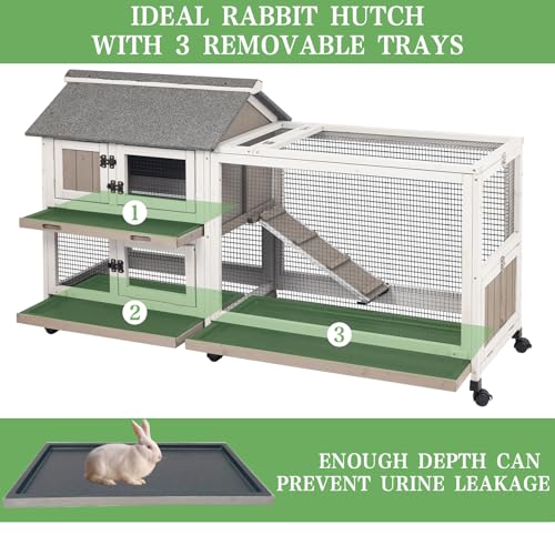 2-Story Rabbit Hutch Indoor & Outdoor, Large Bunny Hutch with 3 Pull-Out Trays, 6 Lockable Wheels, Wooden Rabbit Cage with Asphalt Roof & 6 Accesses for 2-4 Rabbits, Backyard, Home, Patio - size: PET80