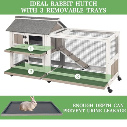 2-Story Rabbit Hutch Indoor & Outdoor, Large Bunny Hutch with 3 Pull-Out Trays, 6 Lockable Wheels, Wooden Rabbit Cage with Asphalt Roof & 6 Accesses for 2-4 Rabbits, Backyard, Home, Patio - size: PET80