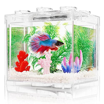 Oltraman Small Betta Fish Tank, Aquarium Tank Kit with LED Lighting, 0.6 Gallon Stackable Fighting Fish Tank Set, Fish Bowl Accessories for Turtle Reptile Shrimp Crab Insects as Decoration