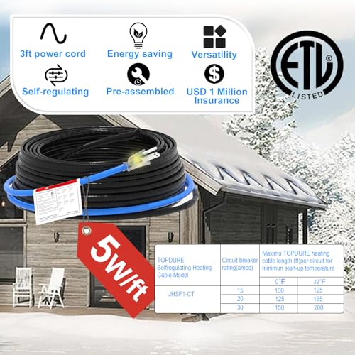 Sewage Pipe Heating Cable 75 FT 120V Self-Regulating for Freeze Protection in Wastewater Systems, Sump Pumps and Roof De-Icing with Fluoropolymer Corrosion-Proof Technology - style: 75FT
