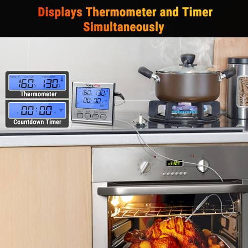 TempPro TP17 Dual Probe Digital Cooking Meat Thermometer Large LCD Backlight Food Grill Thermometer with Timer Mode for Smoker Kitchen Oven BBQ, Silver (Previously ThermoPro) - size: 2-probes
