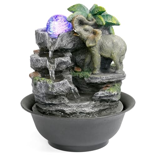 BEAMNOVA Tabletop Fountain,Relaxation Water Feature Feng Shui Indoor Fountain of Elephant Sculpture with Colorful Spinning Ball for Home Office Desktop Décor - color: Style3
