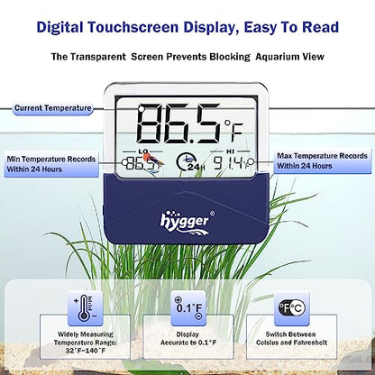 hygger Digital Aquarium Thermometer Records Max Min Temperature Sensor Gauge with LCD Display Stickable Fish Tank Thermometer for Saltwater, Freshwater, Fish, Amphibians, Reptiles