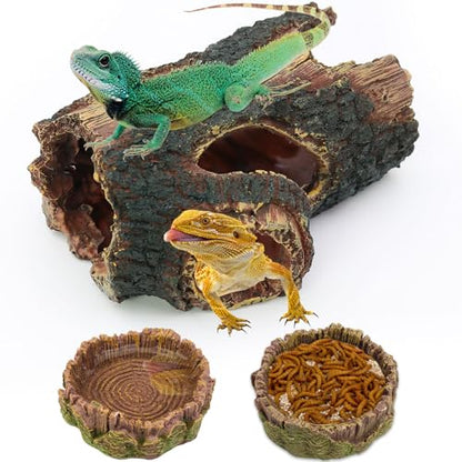 3 pcs Large Reptile Hide Cave Set with Food & Water Bowls. Natural Resin Hollow Tree Trunk Hideout. Reptile and Fish Tank Accessories for Geckos, Lizards, Snakes and Hermit Crabs