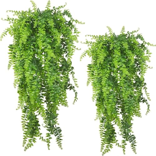 6 Pcs Artificial Hanging Plants Vines Fern Fake Hanging Plant Faux Hanging Boston Ferns Flowers Vine Outdoor UV Resistant Plastic Plants Wall Indoor Hanging Baskets Wedding Garland Decor (Green) - color: Green