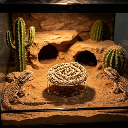 OUNONA Reptile Hammock Lounger for Small Reptiles and Snakes with Straw Woven Elevated Basking Platform and Metal Legs Removable Bed and Acrylic Enclosures Comfortable Habitat Accessory