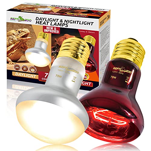 REPTI ZOO Dual Reptile Light Fixture with Dimming Thermostat and Timer & 75W Reptile Heat Lamp Bulb Day & Night Basking Spot Light Combo Pack