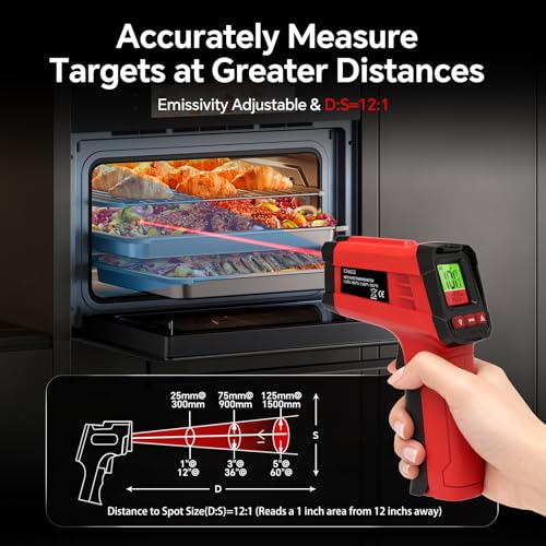 Infrared Thermometer Gun, Digital Laser Temperature Gun -58°F to 1022°F, Adjustable Emissivity, LCD Backlight, MAX/MIN Display, Non-Contact Thermometer for Pizza Oven, BBQ, HVAC, Griddle - color: Red（-58℉-1022℉）