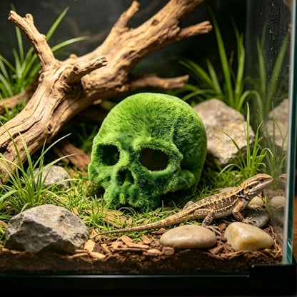 Realistic Mossy Skull Terrarium Ornament - 4.5" Reptile Habitat Decor for Gecko, Spider, Lizard Enclosure