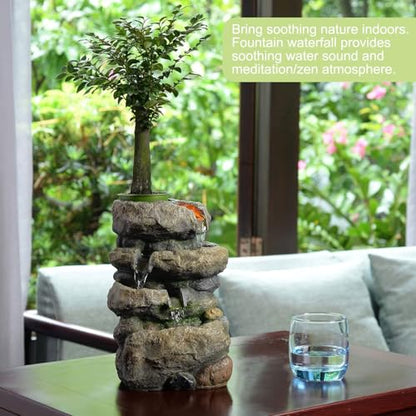 Kalona Tabletop Waterfall Fountain Rockery Fountains Soothing Sound Tabletop Fountains Home/Office Decor with a Small Plastic Pot to Grow The Plant by Yourself(Automatic Watering)(22020) - color: Grayish-brown