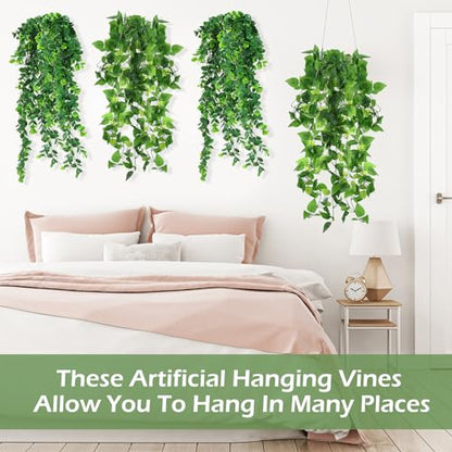 Hoteam 12 Pcs Artificial Hanging Plants 32 Inch Fake Ivy Vines with Fake Leaves Patio Artificial Plants Greenery for Living Room Indoor Outdoor Wall, No Basket (Pothos,Eucalyptus) - color: Pothos, Eucalyptus
