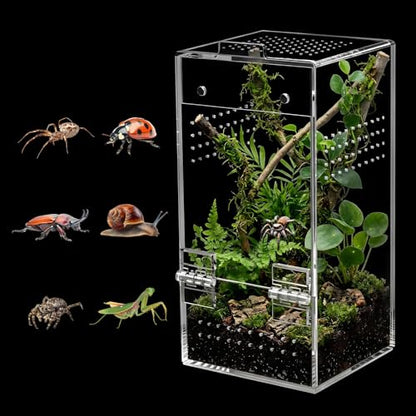 Jumping Spider Enclosure, Escape-Proof Transparent Acrylic Habitat with Magnetic Door, All-Side Ventilation Arboreal Tarantula Crib, Clear Reptile Tank for Praying Mantis & Insects, 3.5x3.5x7 in