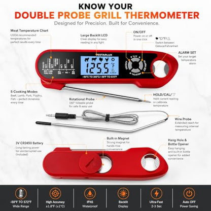 Digital Instant Read Meat Thermometer Waterproof Kitchen Food Cooking Thermometer Dual Probes Backlight, Alarm, °F/°C for BBQ Grill Smoker Steak Turkey Frying Baking Oven Water Oil