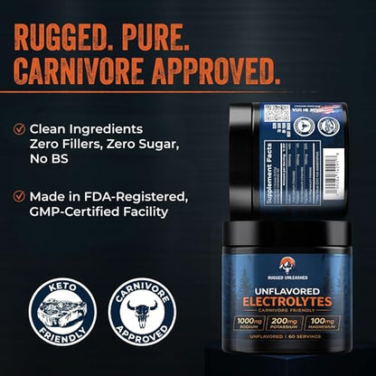Unflavored Electrolytes – Unflavored Electrolyte Powder for Carnivore Diet, Keto & Fasting – Carnivore Electrolytes Powder with No Sugar – Flavorless Electrolytes – Fasting Salts – 60 Servings