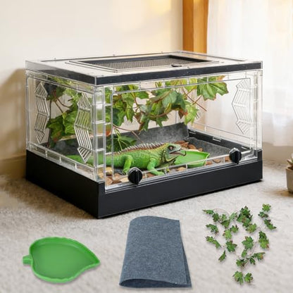 Travel Foldable Reptile Terrarium with Sliding Door Portable Spider Enclosure, Lizard Cage, Plastic Habitat for Tarantula, Tree Frog, Leopard Gecko, Snake, Ventilated Terrarium Starter Kit Black - color: Black