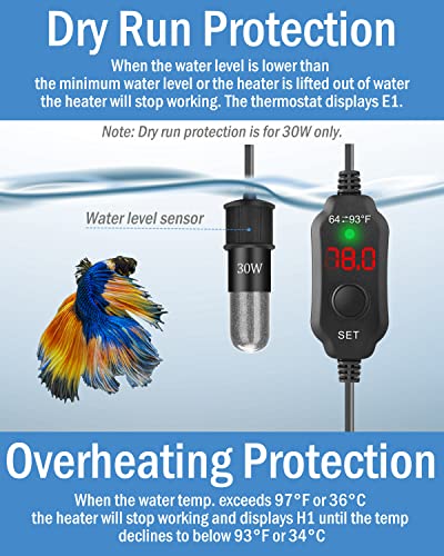AquaMiracle Mini Aquarium Heater 30W Small Fish Tank Heater for 4-6 Gal Tanks, Digital Display Thermostat Betta Heater with Dry-Run & Overheat Protection, Memory Function - size: ≤ 6 Gal Tanks