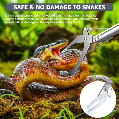 52“ Snake Tongs Collapsible Grabber, Professional Reptile Snake Catcher Wide Jaw Handling Tool, Stainless Steel Snake Hook