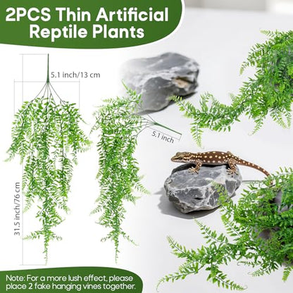 RAINFLOW 2PCS Reptile Plants for Terrarium - Fake Hanging Terrarium Plants, Artificial Boston Fern for Bearded Dragon Snake Geckos Hermit Crab Lizard Chameleon Turtle Reptile Decor(L31.5) - size: 31.5"x5.1"