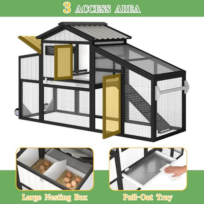 Chicken Coop and Run with Wheels, Portable Two Story Rabbit Hutch Indoor Outdoor, Wooden Hen House with Nesting Box, Ramp & Deep No Leak Pull Out Tray for Chick, Rabbit