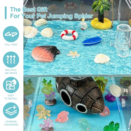 Jumping Spider Enclosure,DIY Insects Habitat,Small Reptile Terrarium Glass House Accessories Set,with Temperature and Humidity Detector Water Feeder Platform Hide,5.5“x5.5”x9.5“ (Ocean) - color: Ocean