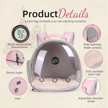 Bearded Dragon Travel Backpack Carrier with Reptile Thermometer and Humidity Gauge Lizard Travel Cage Space Capsule Clear Bubble Window Astronaut Reptile Bag for Ball Python (Pink, Backpack) - color: Pink, size: Backpack